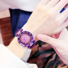 Charger l&#39;image dans la galerie, Women Mesh Magnet Buckle Lucky Flower Watches + bracelet set Luxury Ladies Rhinestone Quartz Watch Starry sky Relogio Feminino