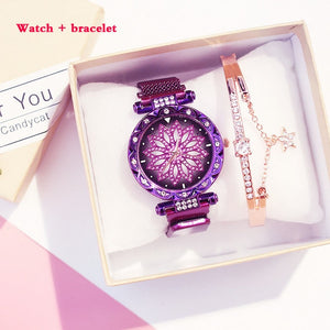 Women Mesh Magnet Buckle Lucky Flower Watches + bracelet set Luxury Ladies Rhinestone Quartz Watch Starry sky Relogio Feminino