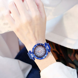 Women Mesh Magnet Buckle Lucky Flower Watches + bracelet set Luxury Ladies Rhinestone Quartz Watch Starry sky Relogio Feminino